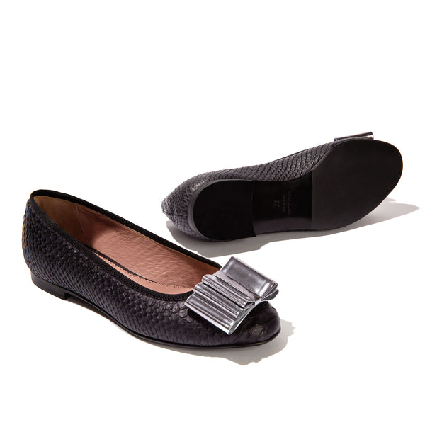 Black leather snake pattern ballet flats with silver bow