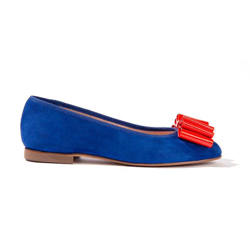 Blue suede ballet flats with orange bow