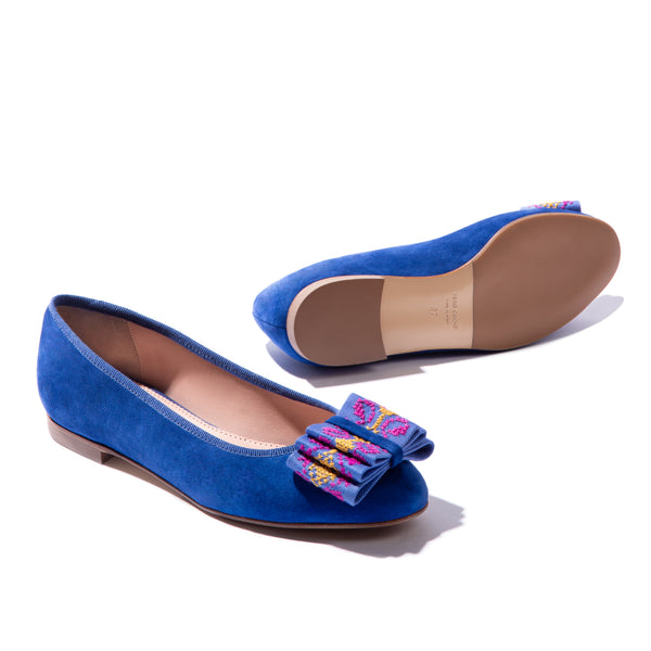 Blue suede ballet flats with hand-embroidered bow