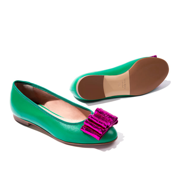 Green leather ballet flats with fuchsia bow