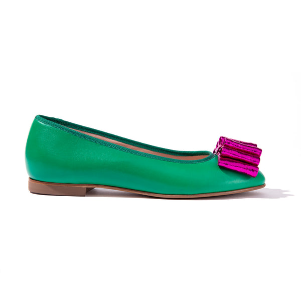 Green leather ballet flats with fuchsia bow