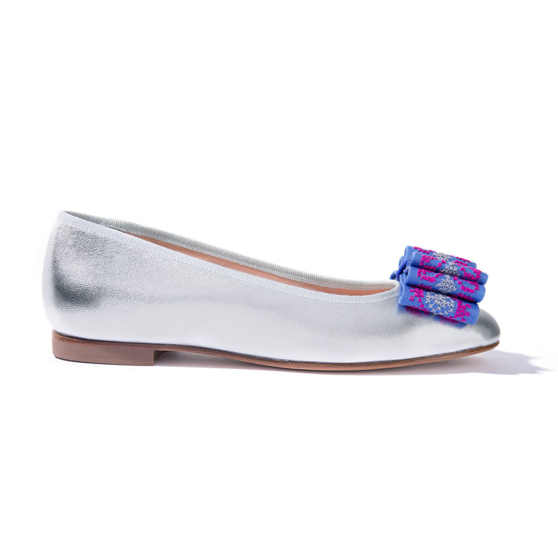 Silver leather ballet flats with hand-embroidered bow