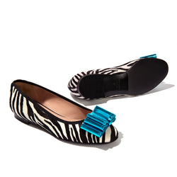 Faux zebra ballet flats with turquoise bow